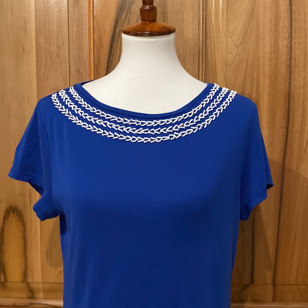 Talbots - Petites - Blue Scoop-Neck Tee/White Beaded Neckline Detail - EUC - XLP - Picture 2 of 14